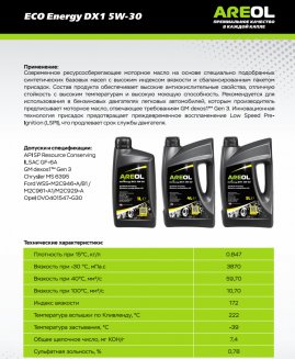 AREOL ECO Energy DX1 5W-30 API SP/RC ILSAC GF-6A 1л Масло моторное